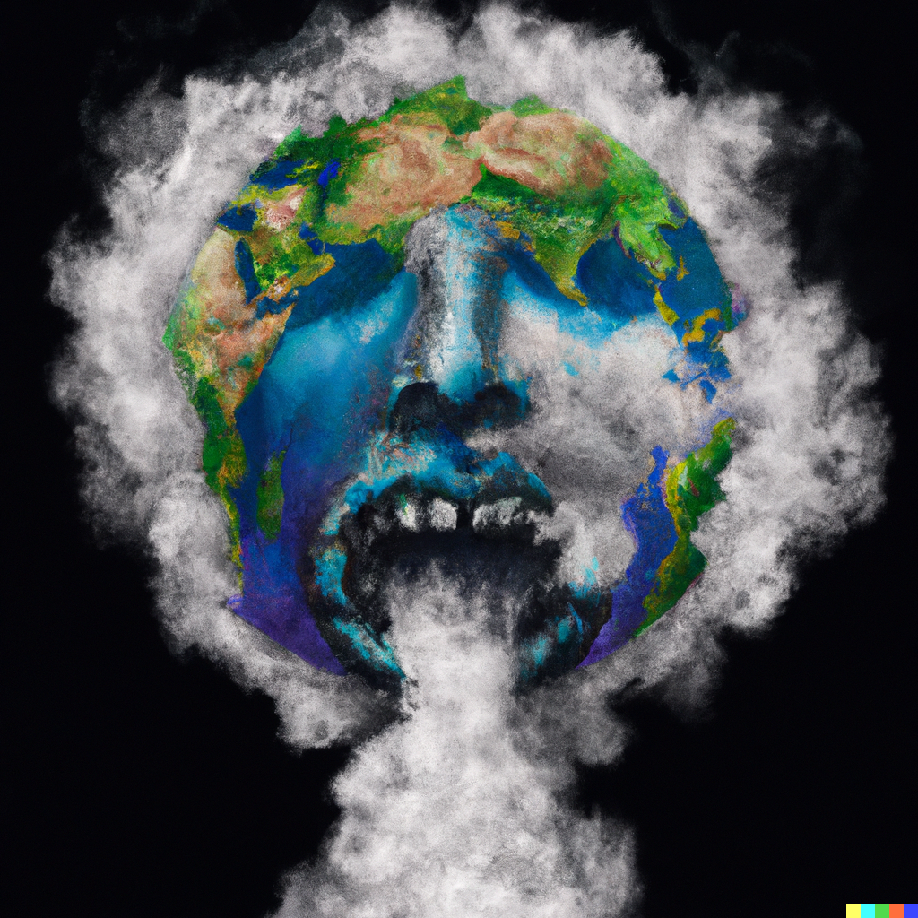 cartoon image of earth as a face breathing out white and grey gas that also encircles the Earth