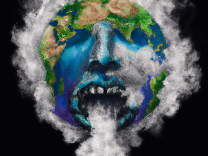 cartoon image of earth as a face breathing out white and grey gas that also encircles the Earth